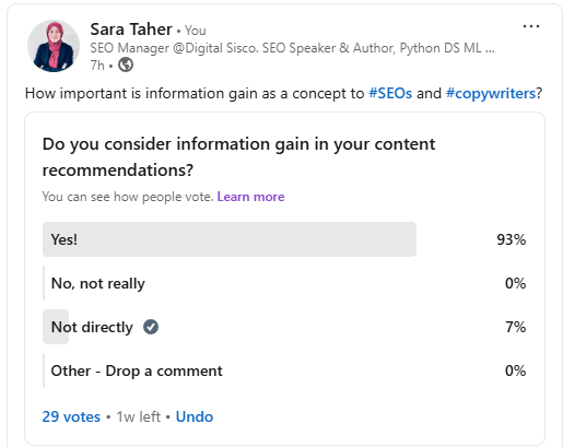 a poll on LinkedIn where 93% of SEOs said they consider information gain in their content recommendations