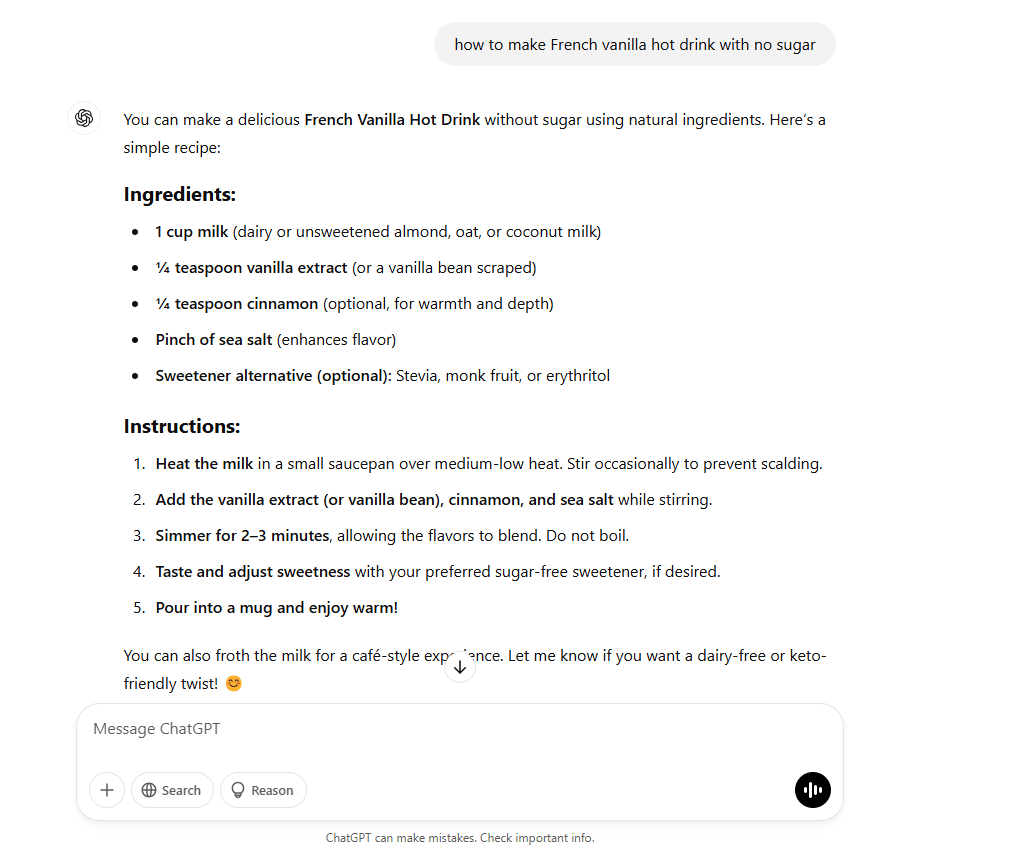 chatgpt output for my question about How to make French vanilla hot drink with no sugar?